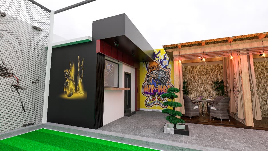 Courtside kiosk and timber-framed lounge with mural artwork and planting