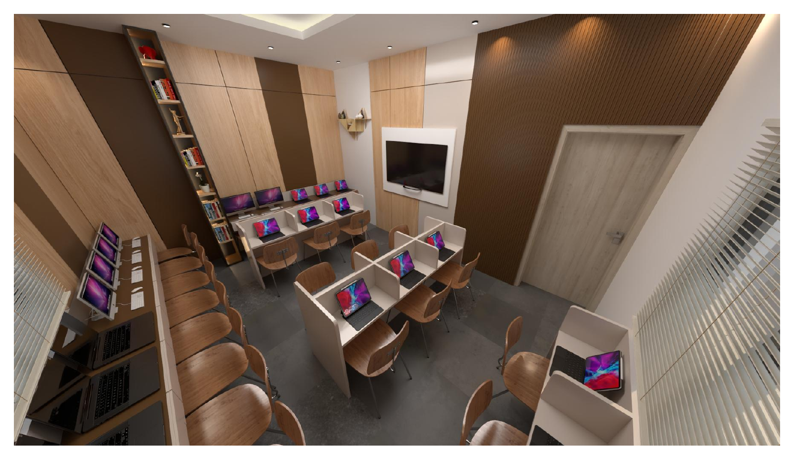 Overhead interior perspective of the workstation layout