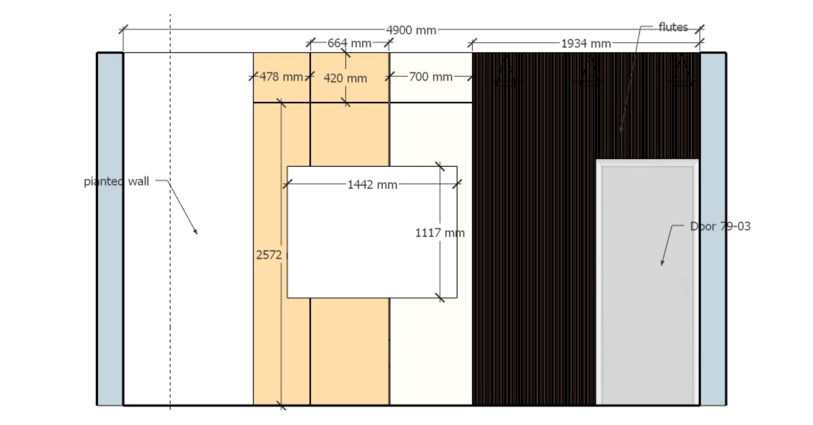 Dimensioned interior elevation with a window, door and wall finishes