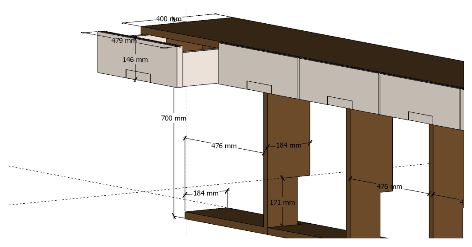 Perspective of window wall cabinetry with dimension labels