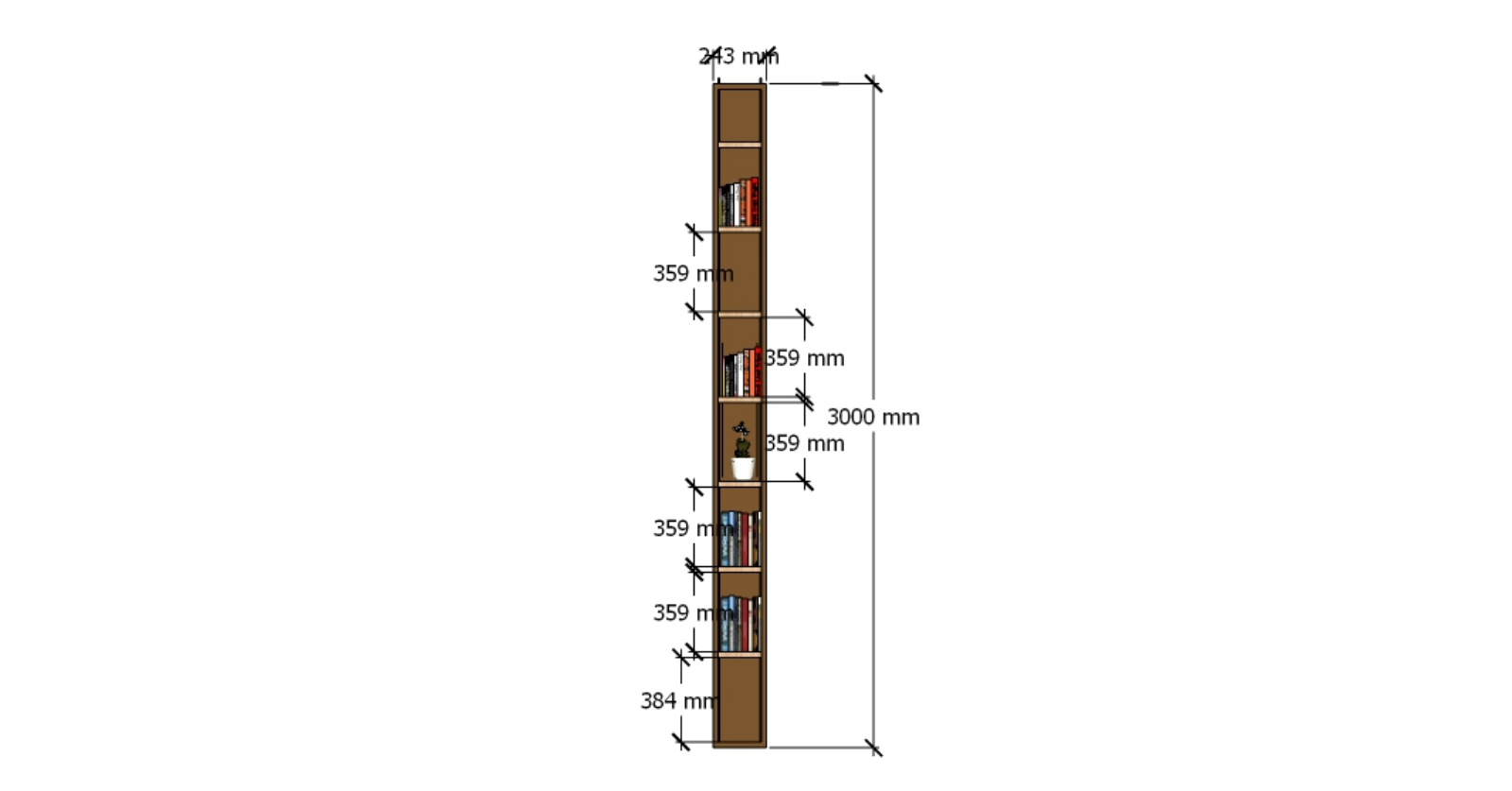 Dimensioned tall display shelving detail